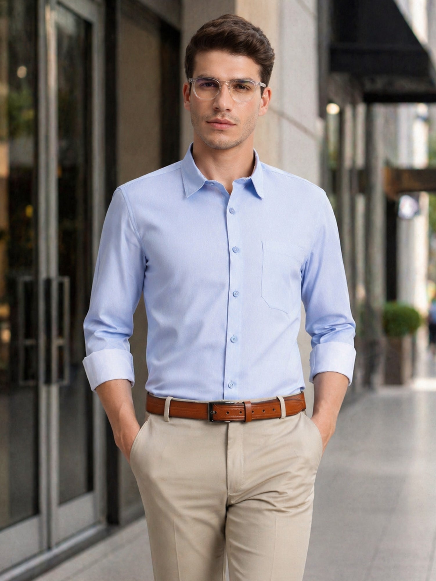 Thomas Scott Men Sky Blue Premium Regular Fit Long Sleeves Spread Collar Solid 100% Cotton Formal Shirt