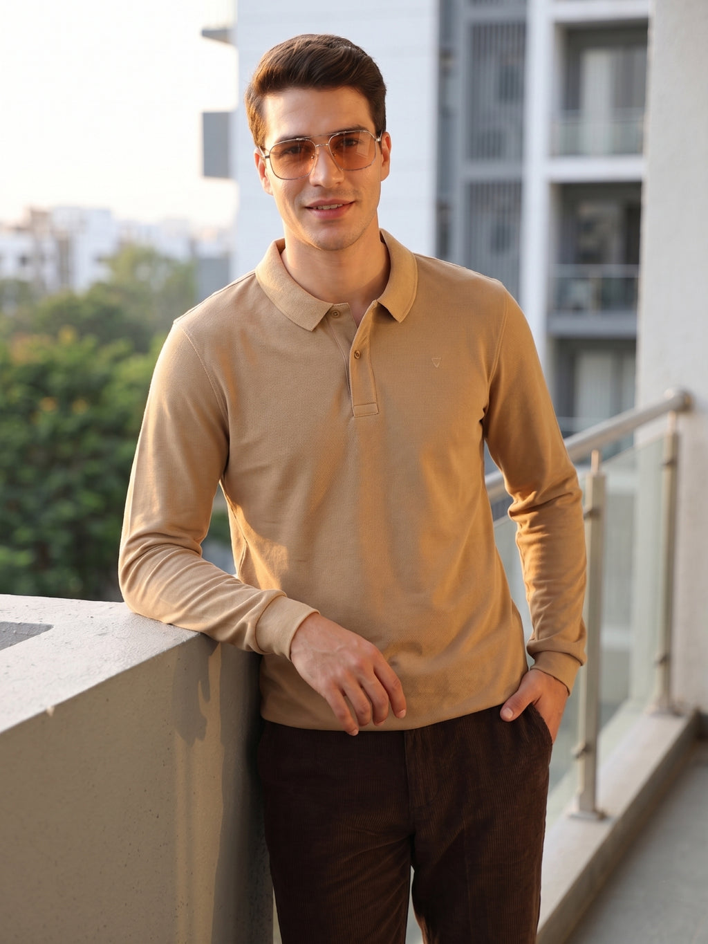 Thomas Scott Men Beige Regular Fit Solid Polo Collar Long Sleeve Pure Cotton Knitted T-shirt