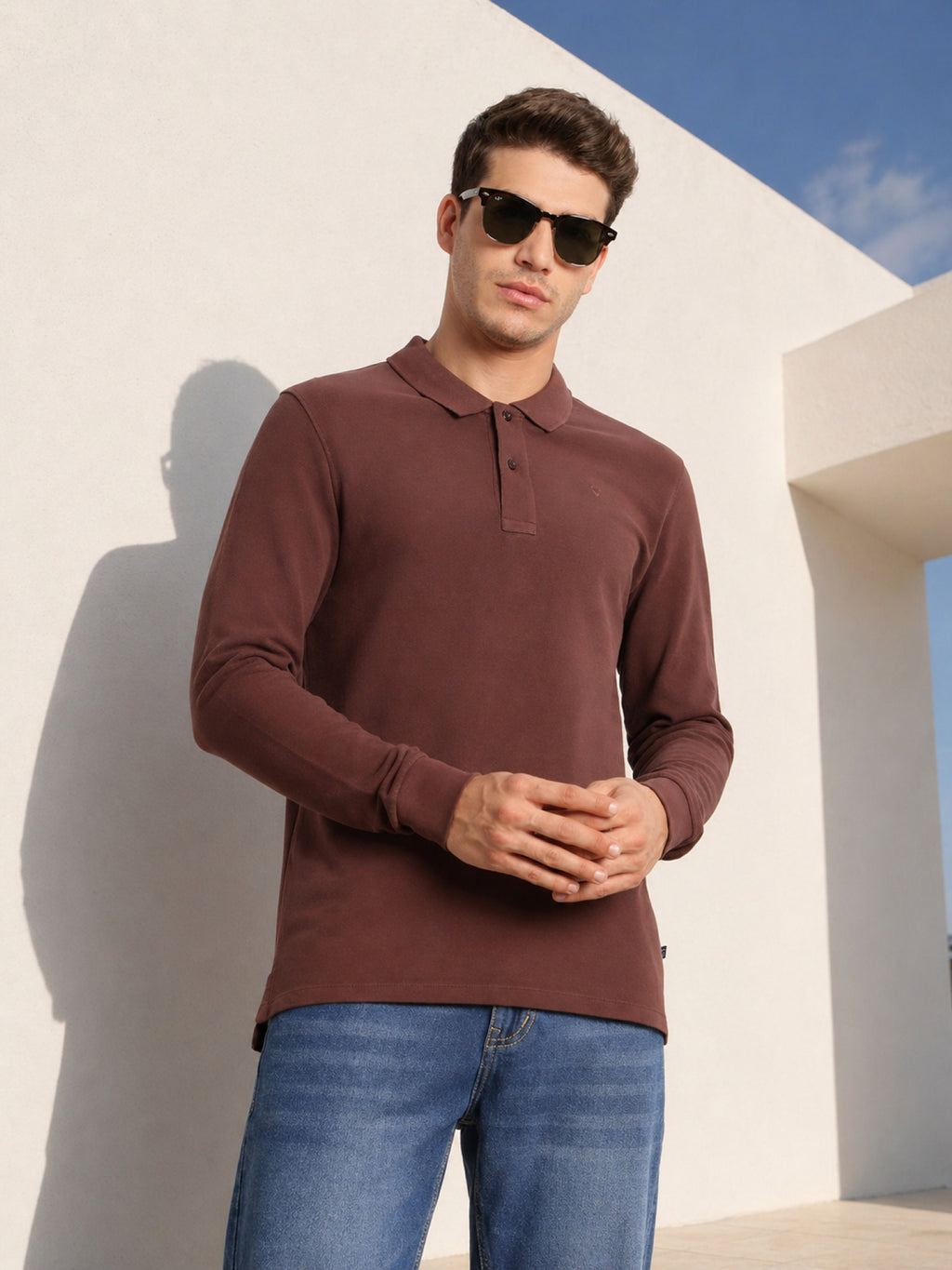 Thomas Scott Men Brown Regular Fit Solid Polo Collar Long Sleeve Pure Cotton Knitted T-shirt