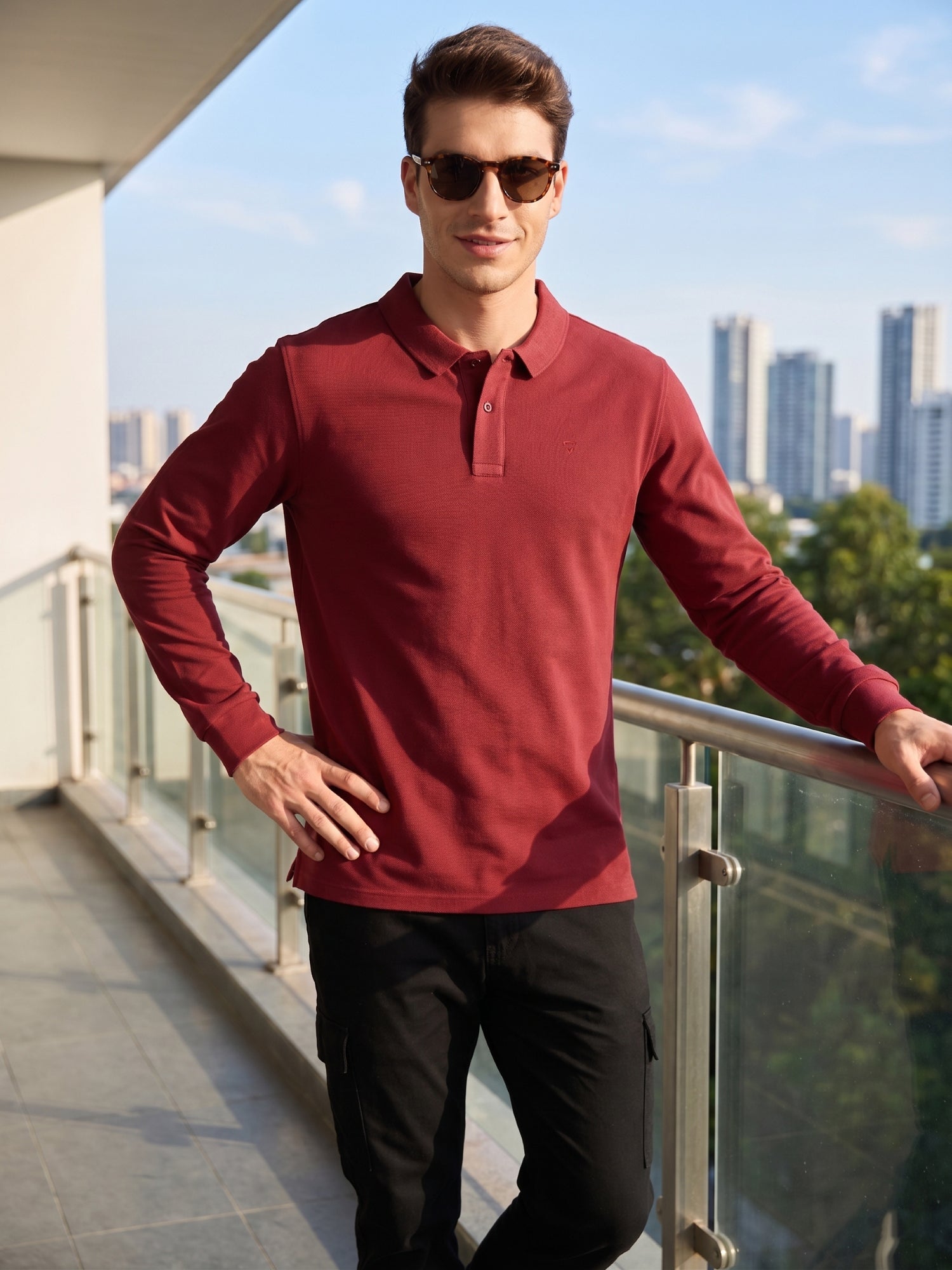 Thomas Scott Men Red Regular Fit Solid Polo Collar Long Sleeve Pure Cotton Knitted T-shirt