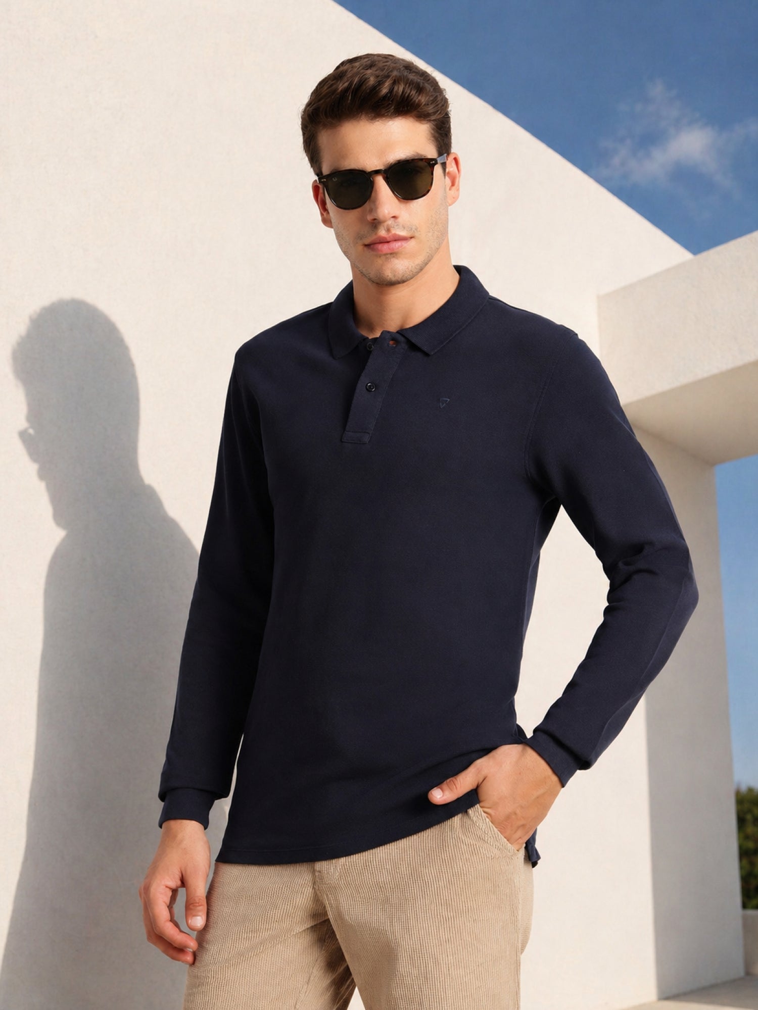 Thomas Scott Men Navy Regular Fit Solid Polo Collar Long Sleeve Pure Cotton Knitted T-shirt