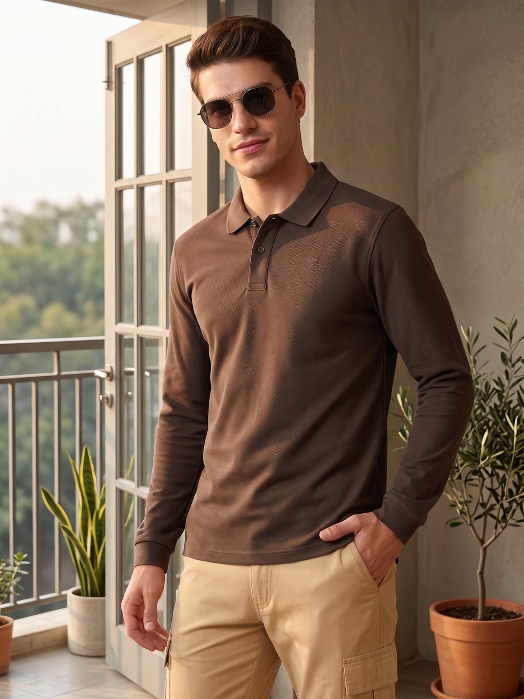 Thomas Scott Men Olive Regular Fit Solid Polo Collar Long Sleeve Pure Cotton Knitted T-shirt