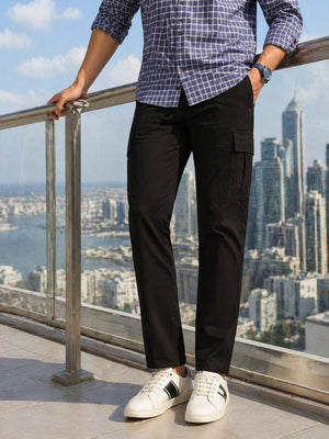 Black Cricket Club Collection Straight Fit Solid 4 Pockets Design Woven Cargo Trouser For Men