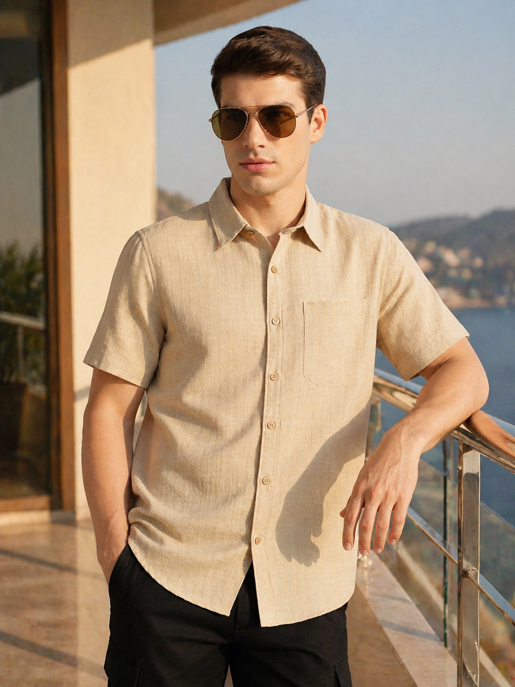 Thomas Scott Men Beige Premium Regular Fit Short Sleeves Spread Collar Polyester Casual Shirt