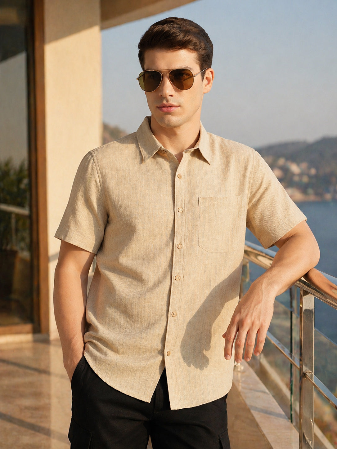 Thomas Scott Men Beige Premium Regular Fit Short Sleeves Spread Collar Polyester Casual Shirt