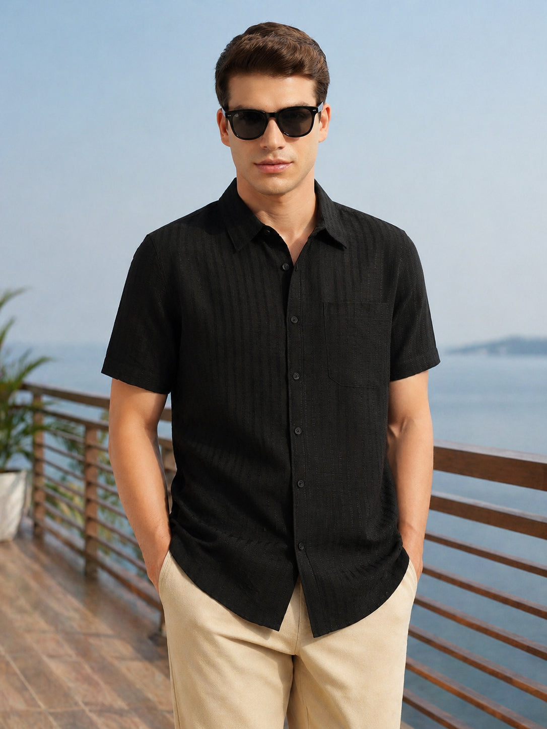 Thomas Scott Men Black Premium Regular Fit Short Sleeves Spread Collar Polyester Casual Shirt