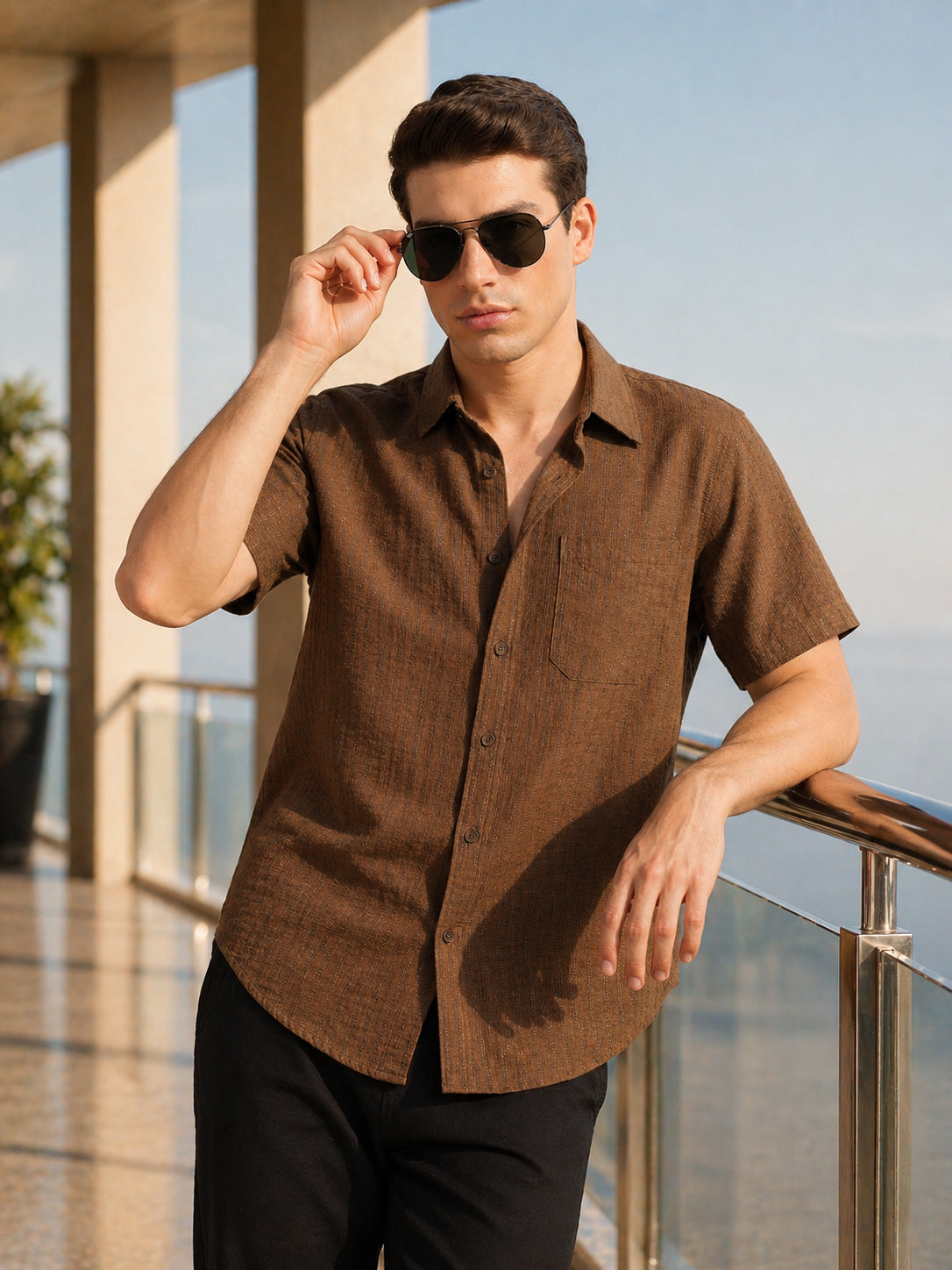 Thomas Scott Men Brown Premium Regular Fit Short Sleeves Spread Collar Polyester Casual Shirt