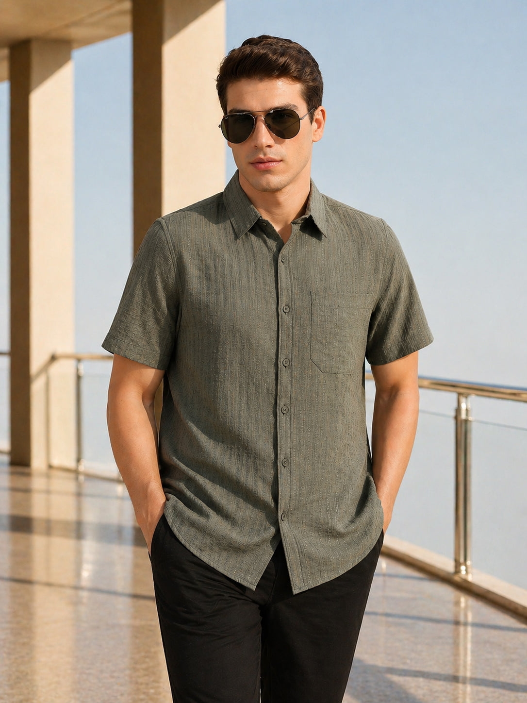 Thomas Scott Men Olive Premium Regular Fit Short Sleeves Spread Collar Polyester Casual Shirt