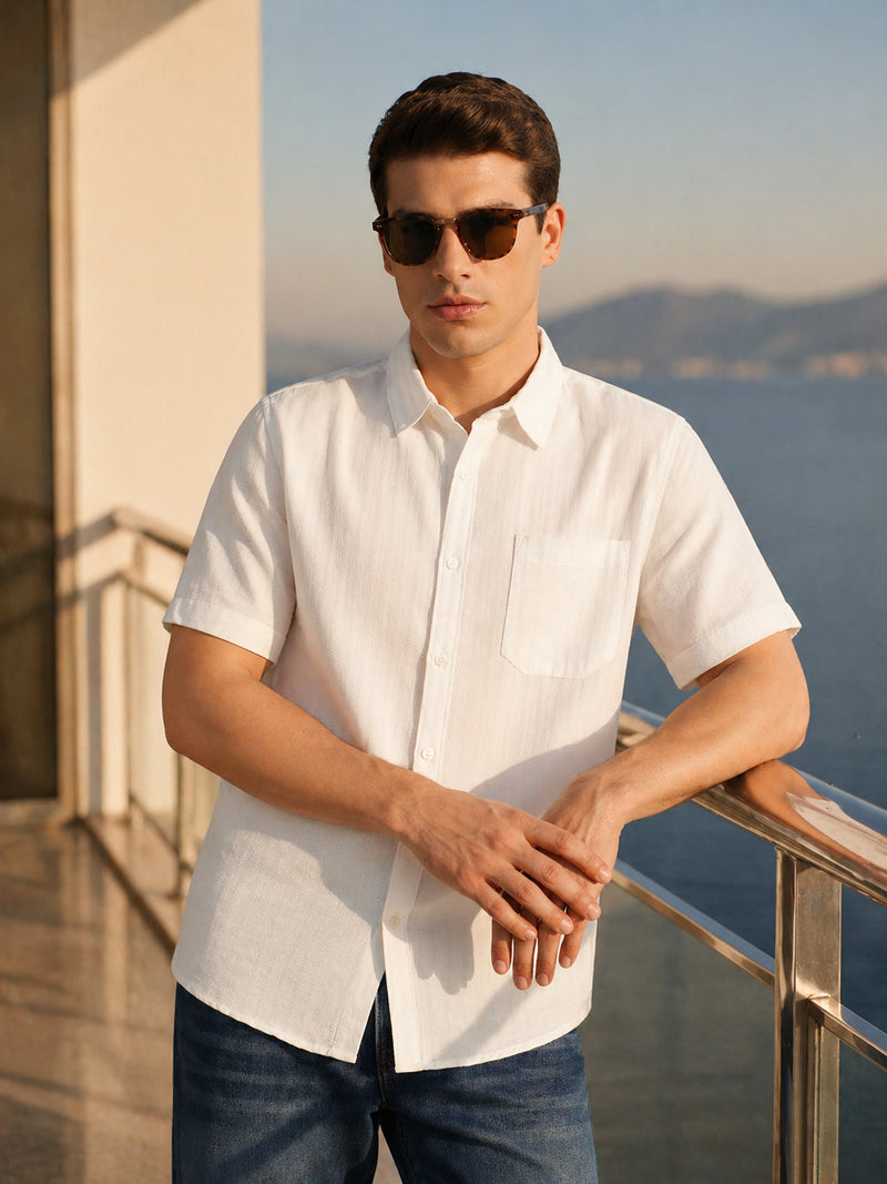 Thomas Scott Men White Premium Regular Fit Short Sleeves Spread Collar Polyester Casual Shirt