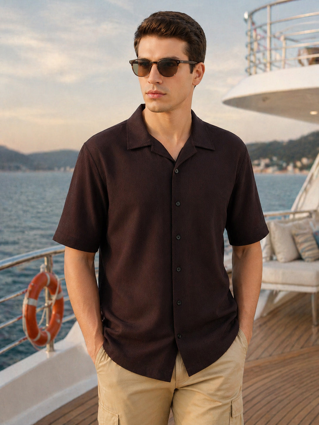 Thomas Scott Men Brown Premium Oversize Fit Short Sleeves Camp Collar Textured Polyester Casual Shirt