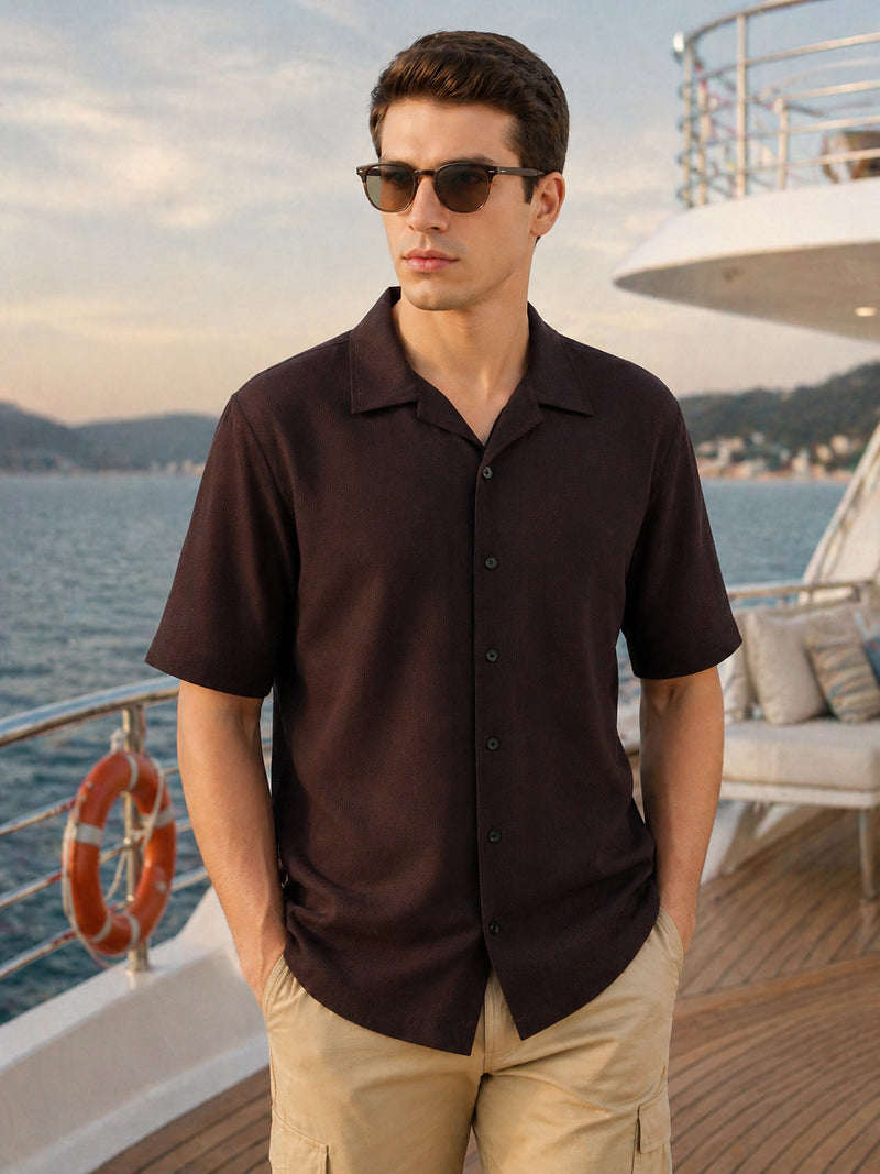 Thomas Scott Men Brown Premium Oversize Fit Short Sleeves Camp Collar Textured Polyester Casual Shirt