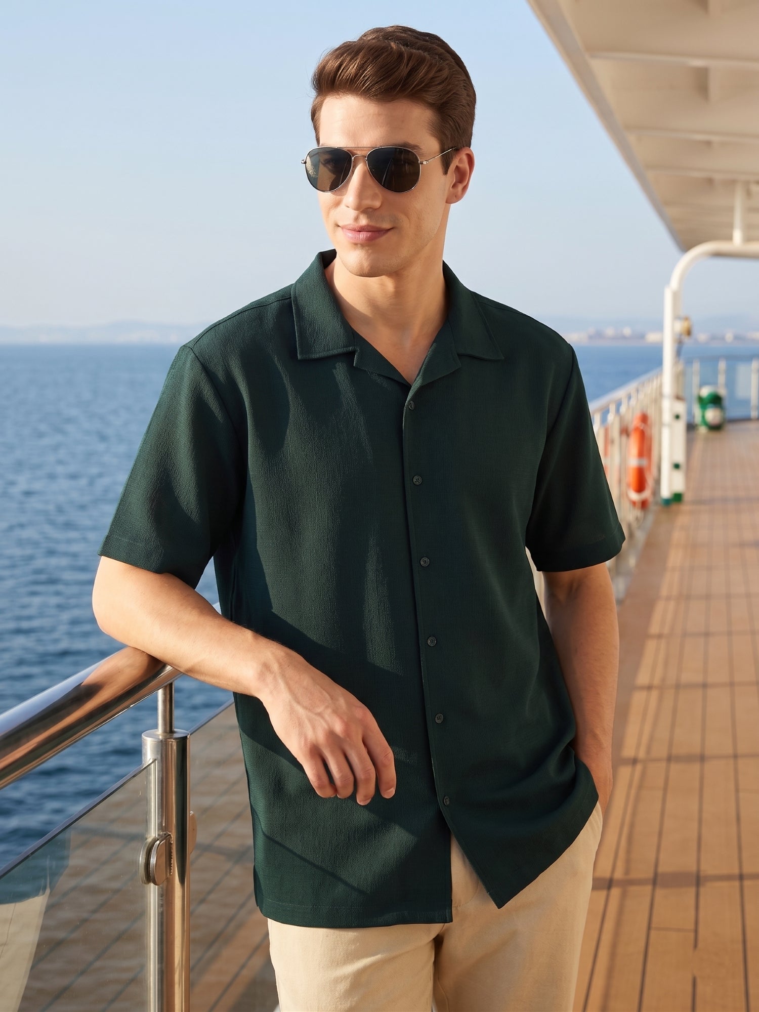 Thomas Scott Men Green Premium Oversize Fit Short Sleeves Camp Collar Textured Polyester Casual Shirt