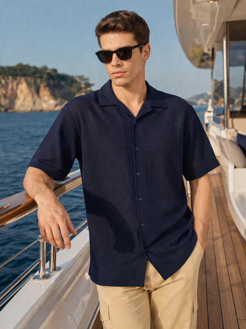 Thomas Scott Men Navy Premium Oversize Fit Short Sleeves Camp Collar Textured Polyester Casual Shirt
