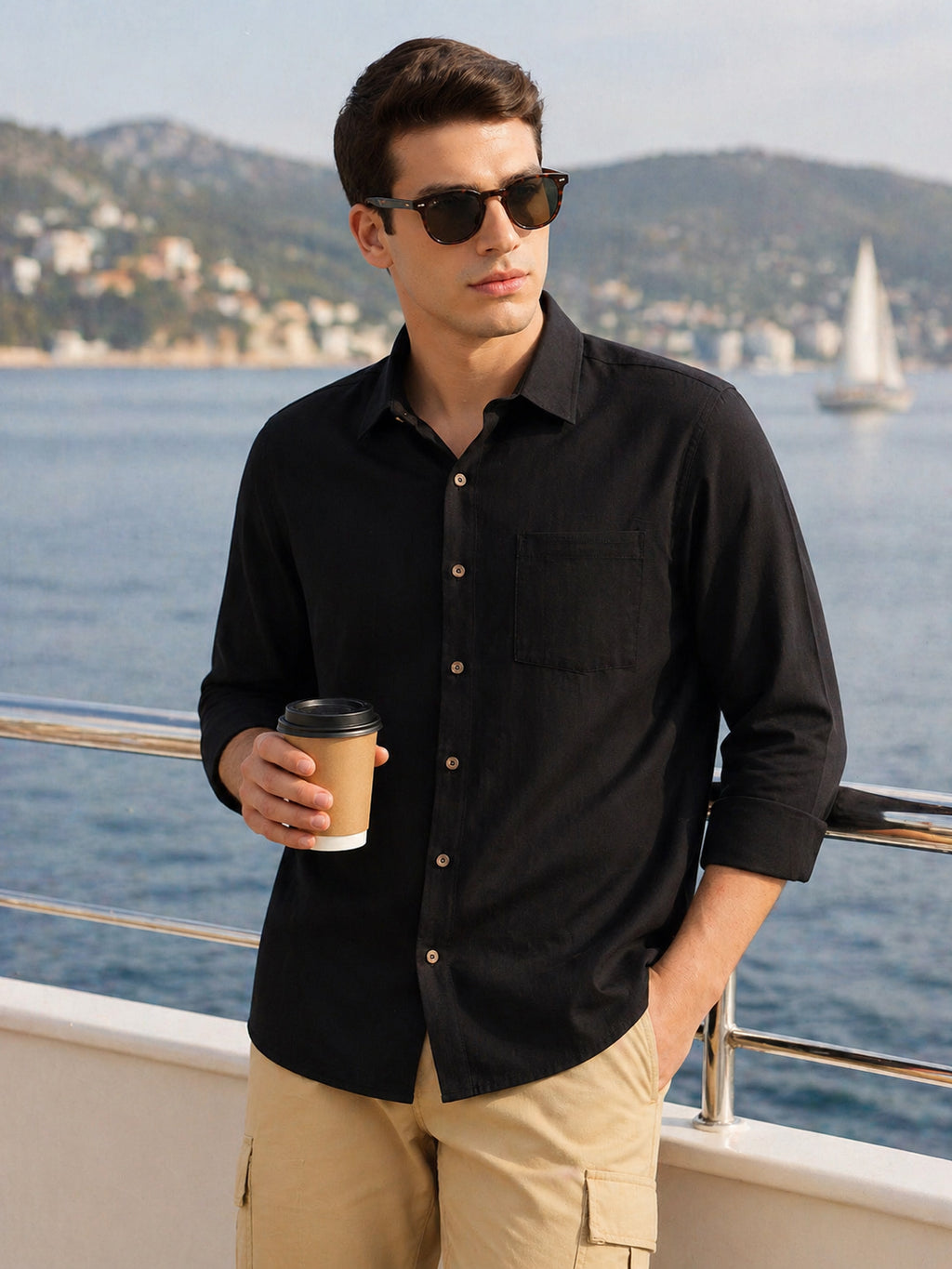 Thomas Scott Men Black Premium Regular Fit Long Sleeves Spread Collar Textured 100% Cotton Casual Shirt