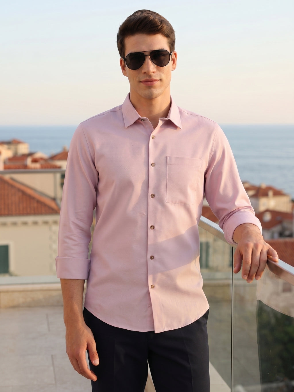 Thomas Scott Men Lilac Premium Regular Fit Long Sleeves Spread Collar Textured 100% Cotton Casual Shirt