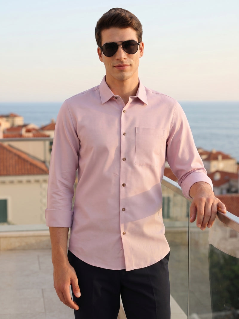 Thomas Scott Men Lilac Premium Regular Fit Long Sleeves Spread Collar Textured 100% Cotton Casual Shirt