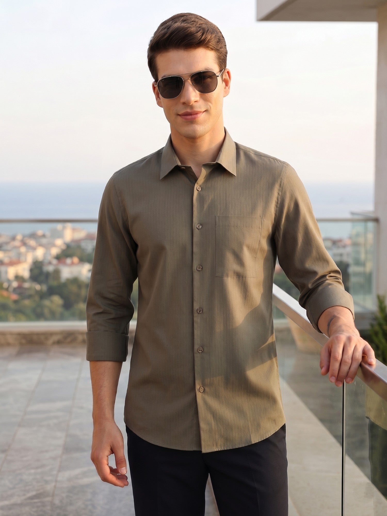 Thomas Scott Men Olive Premium Regular Fit Long Sleeves Spread Collar Textured 100% Cotton Casual Shirt