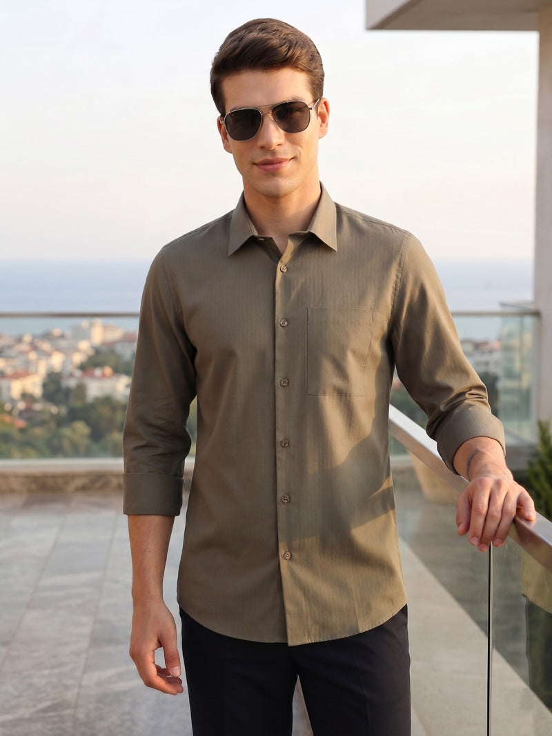 Thomas Scott Men Olive Premium Regular Fit Long Sleeves Spread Collar Textured 100% Cotton Casual Shirt