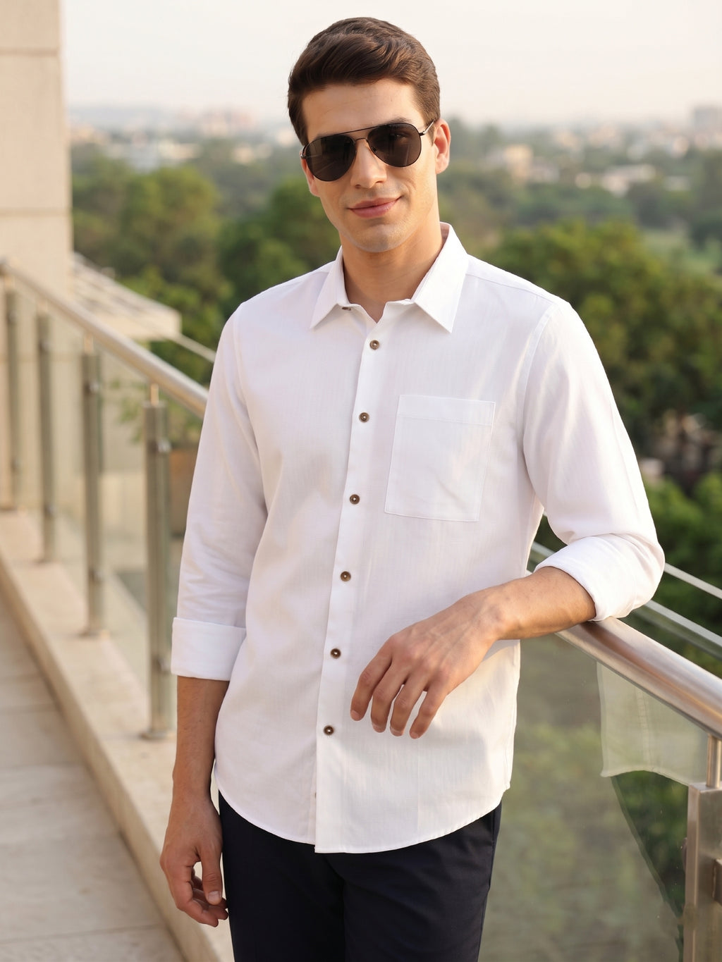 Thomas Scott Men White Premium Regular Fit Long Sleeves Spread Collar Textured 100% Cotton Casual Shirt