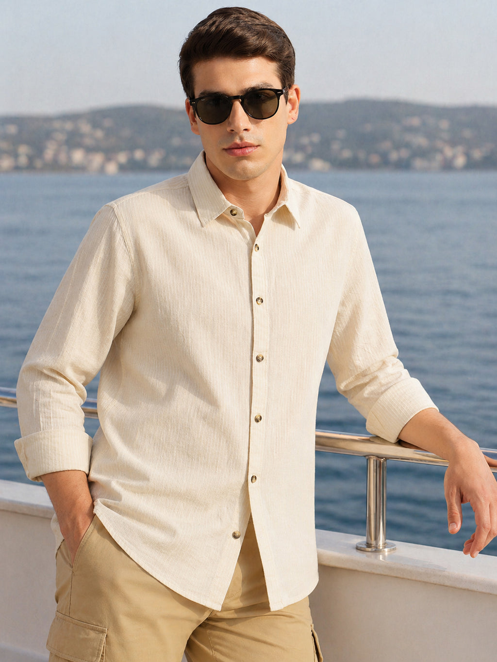 Thomas Scott Men Beige Cricket Club Collection Premium Slim Fit Long Sleeves Spread Collar Textured Cotton Linen Shirt