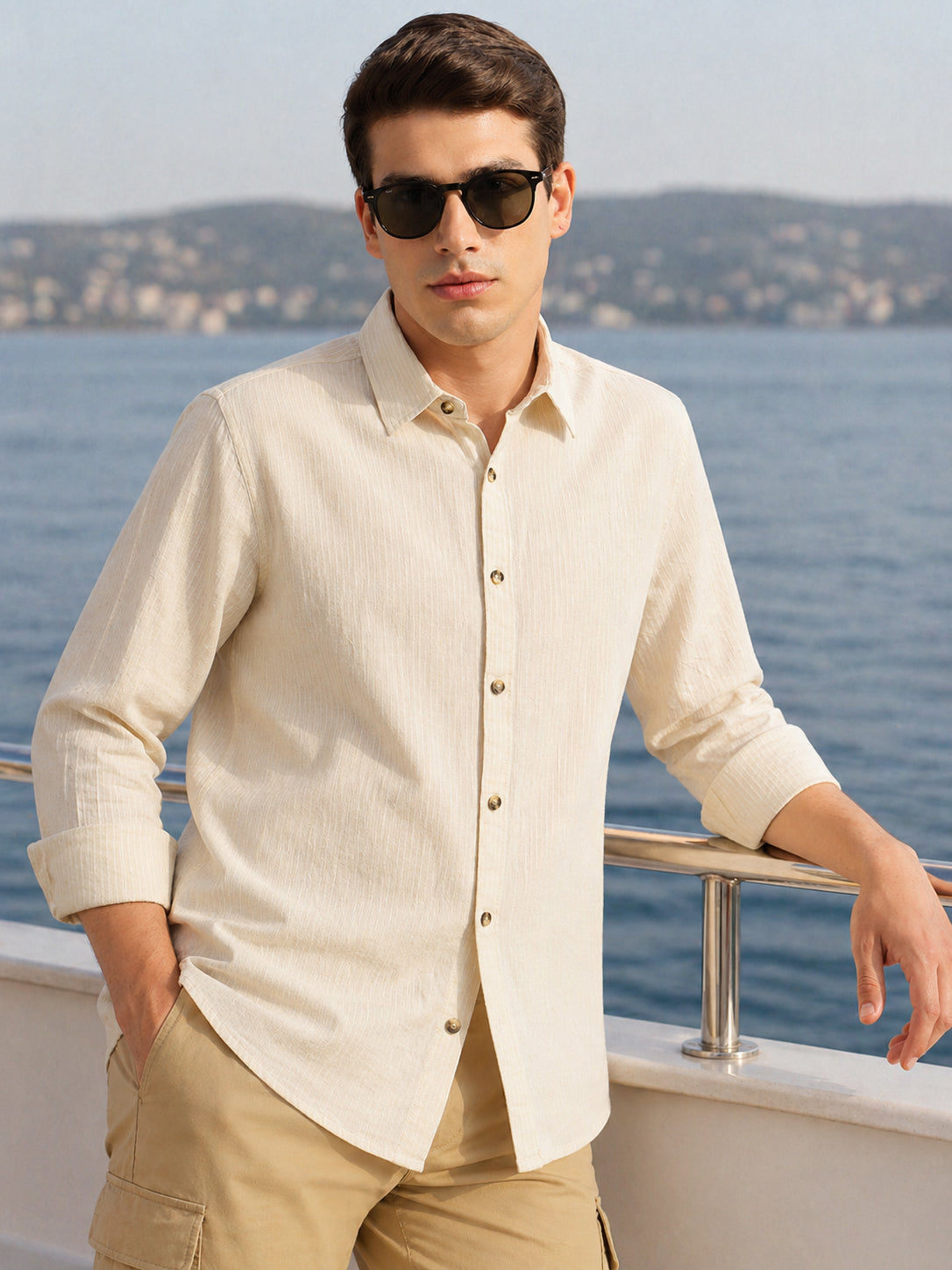 Thomas Scott Men Beige Cricket Club Collection Premium Slim Fit Long Sleeves Spread Collar Textured Cotton Linen Shirt