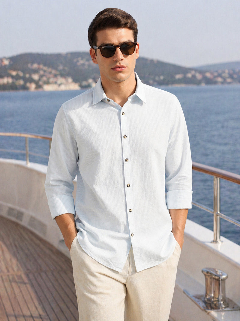 Thomas Scott Men Blue Cricket Club Collection Premium Slim Fit Long Sleeves Spread Collar Textured Cotton Linen Shirt