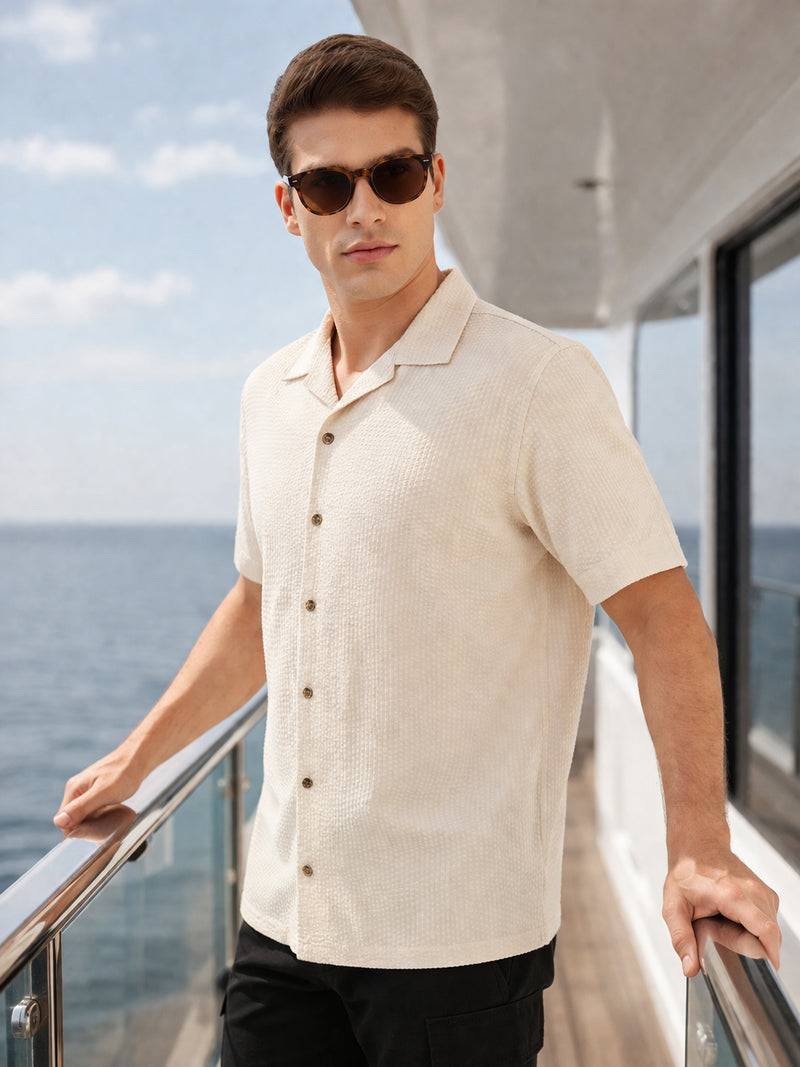 Thomas Scott Men Beige Premium Oversized Fit Short Sleeves Cuban Collar 100% Cotton Seersucker Shirt