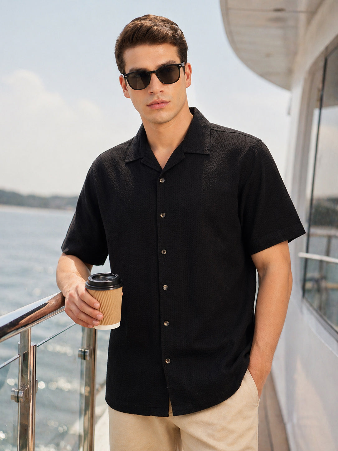 Thomas Scott Men Black Premium Oversized Fit Short Sleeves Cuban Collar 100% Cotton Seersucker Shirt