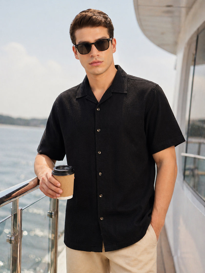 Thomas Scott Men Black Premium Oversized Fit Short Sleeves Cuban Collar 100% Cotton Seersucker Shirt