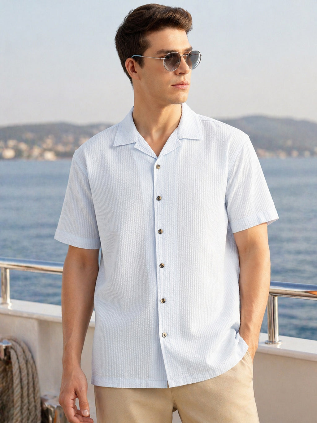 Thomas Scott Men Sky Blue Premium Oversized Fit Short Sleeves Cuban Collar 100% Cotton Seersucker Shirt