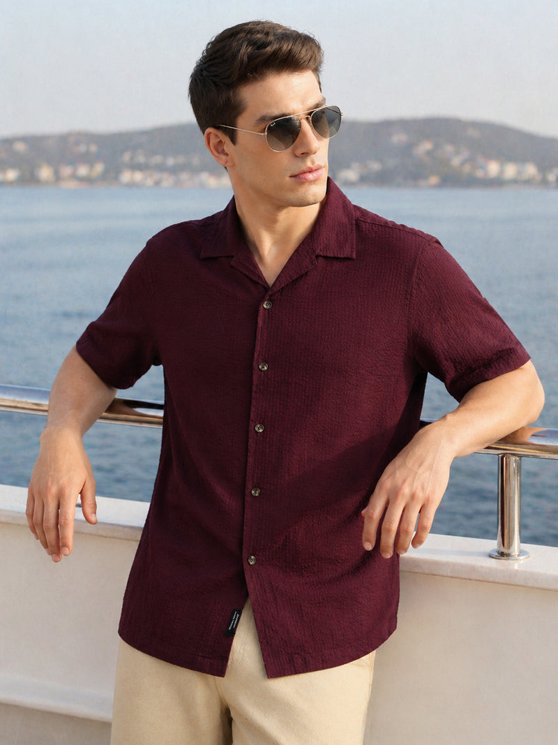 Thomas Scott Men Wine Premium Oversized Fit Short Sleeves Cuban Collar 100% Cotton Seersucker Shirt