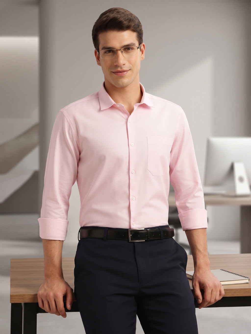 Thomas Scott Men Pink Regular Fit Long Sleeves Spread Collar with Contrast Fabric Solid 100% Cotton Formal Shirt