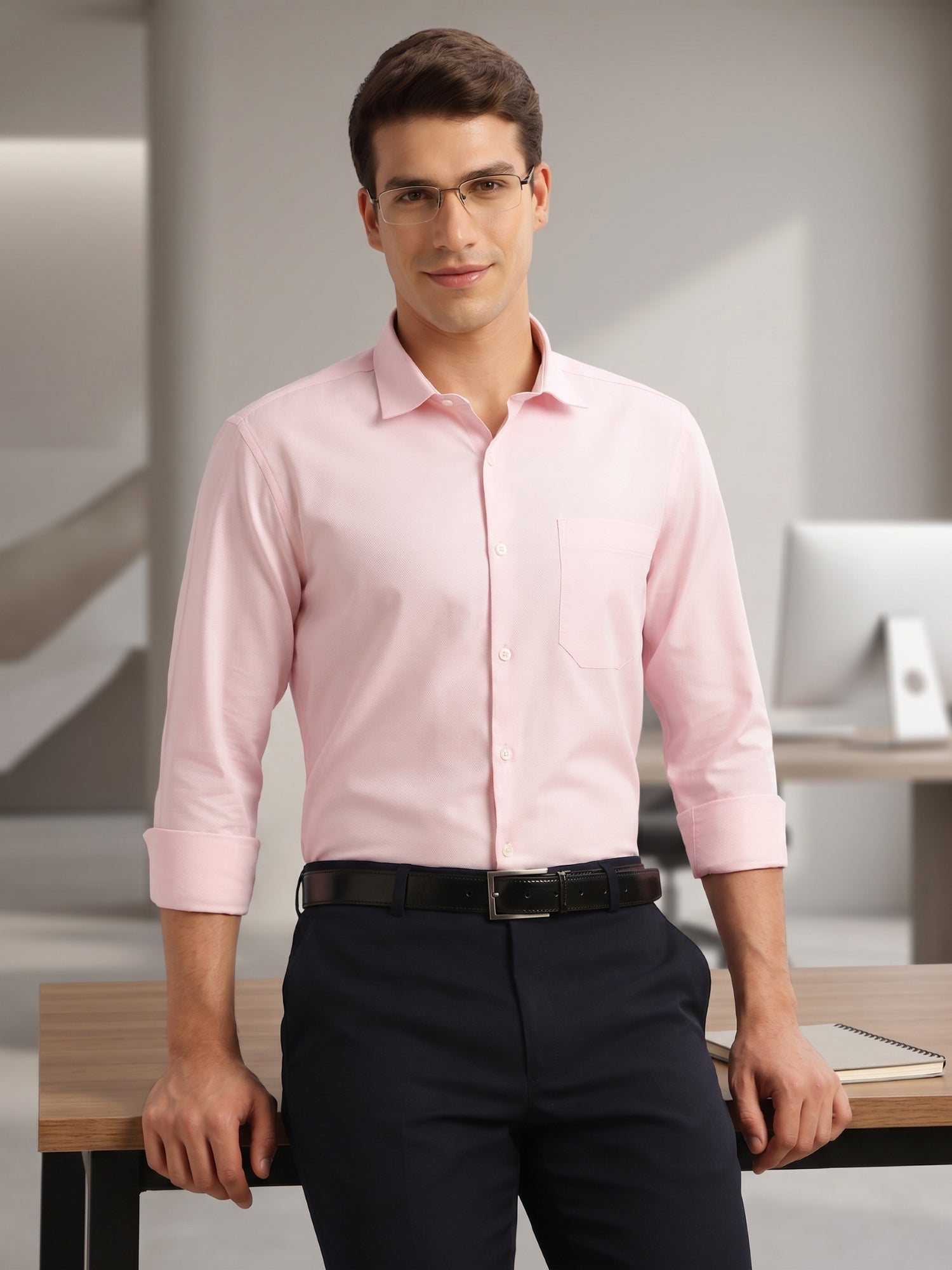 Thomas Scott Men Pink Regular Fit Long Sleeves Spread Collar with Contrast Fabric Solid 100% Cotton Formal Shirt