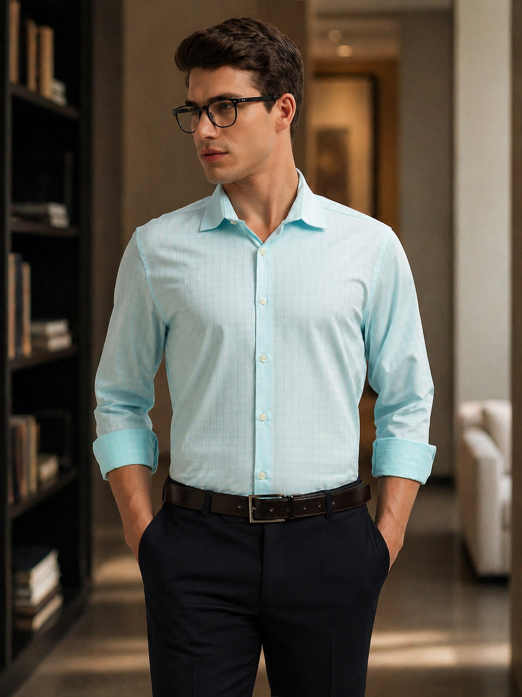 Thomas Scott Men Aqua Premium Long Sleeves Spread Collar Regular Fit Windowpane Checks 100% Cotton Formal Shirt