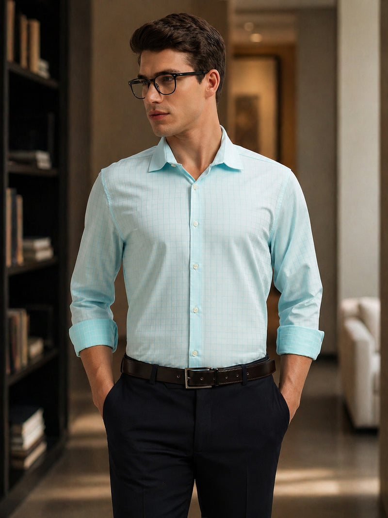 Thomas Scott Men Aqua Premium Long Sleeves Spread Collar Regular Fit Windowpane Checks 100% Cotton Formal Shirt