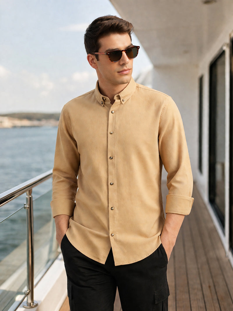 Thomas Scott Men Beige Long Regular Sleeves Slim Fit Button-Down Collar Solid Linen Casual Shirt