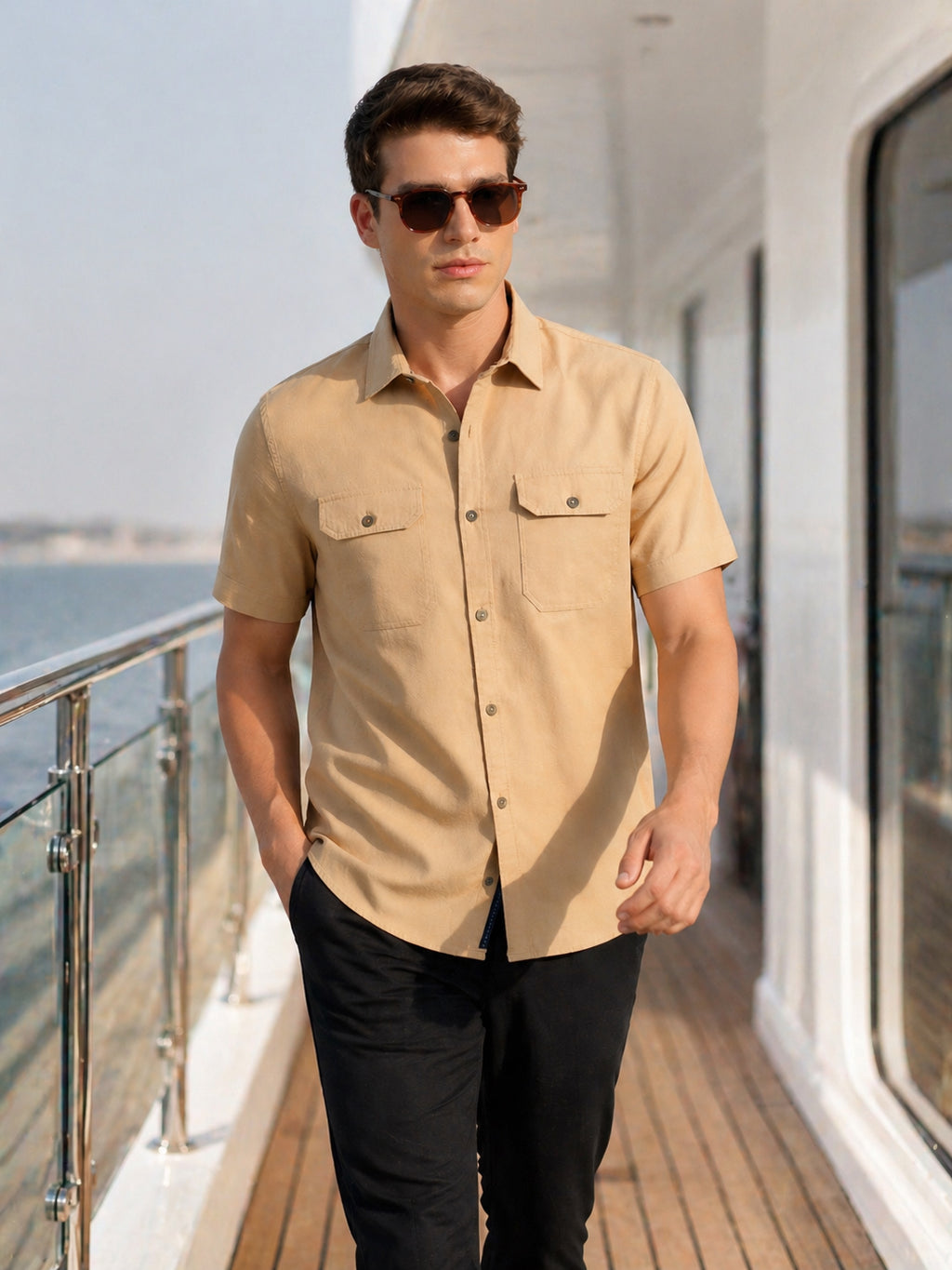 Thomas Scott Men Khaki Premium Short Sleeves Slim Fit Spread Collar 2 Flap Pockets Solid Cotton Linen Casual Shirt