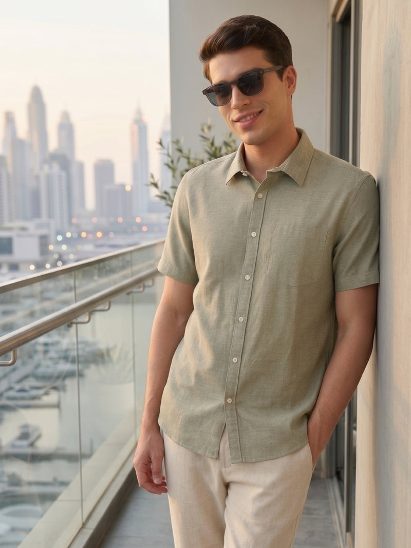 Thomas Scott Men Dark Olive Premium Short Sleeves Slim Fit Spread Collar Solid Cotton Linen Casual Shirt