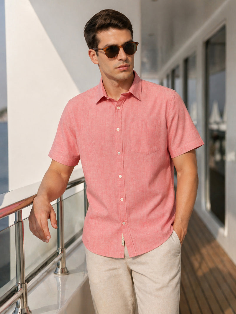 Thomas Scott Men Red Premium Short Sleeves Slim Fit Spread Collar Solid Cotton Linen Casual Shirt