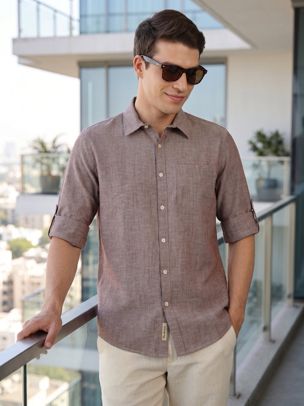 Thomas Scott Men Brown Premium Slim Fit Long Roll-Up Sleeves Spread Collar Solid Linen Casual Shirt
