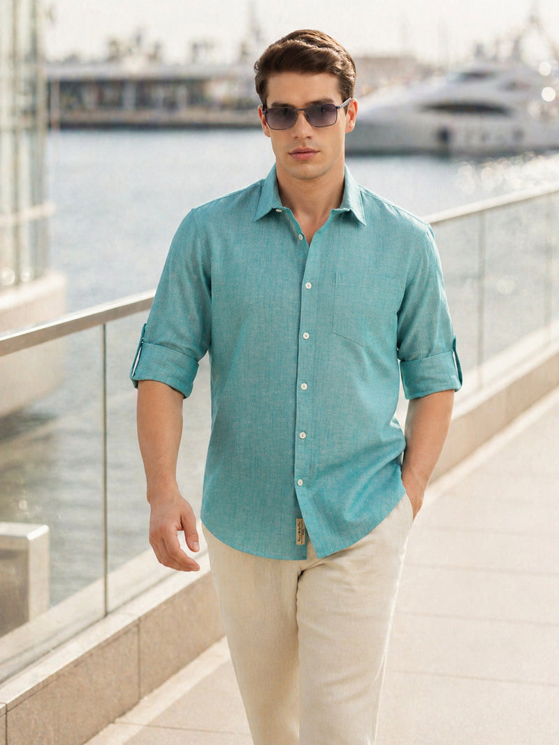 Thomas Scott Men Green Premium Slim Fit Long Roll-Up Sleeves Spread Collar Solid Linen Casual Shirt