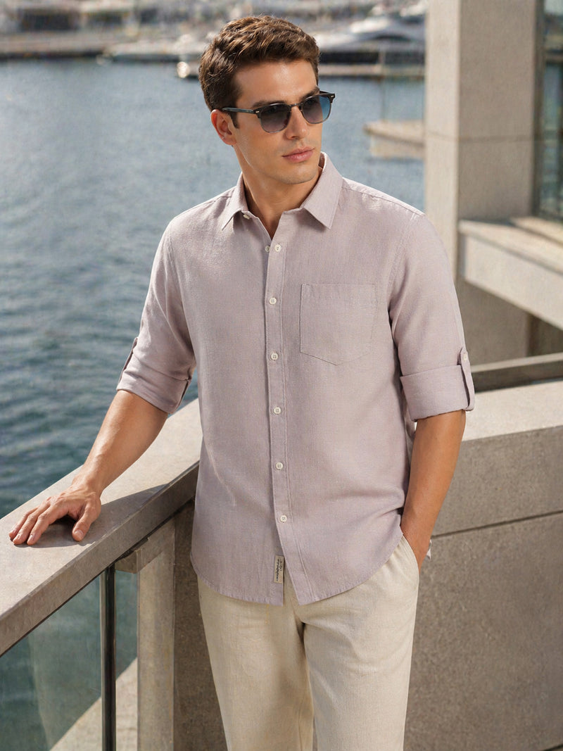 Thomas Scott Men Light Grey Premium Slim Fit Long Roll-Up Sleeves Spread Collar Solid Linen Casual Shirt