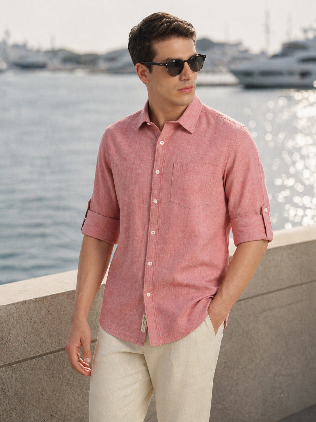 Thomas Scott Men Maroon Premium Slim Fit Long Roll-Up Sleeves Spread Collar Solid Linen Casual Shirt