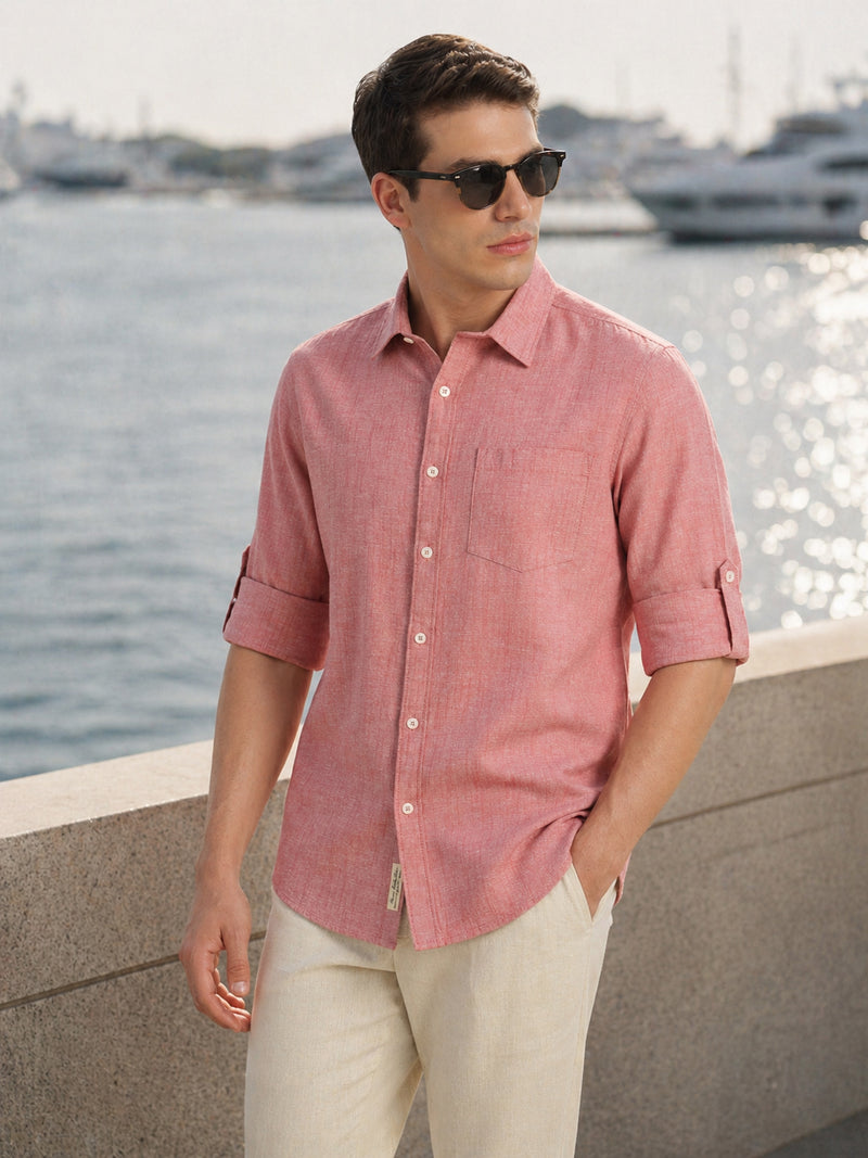 Thomas Scott Men Maroon Premium Slim Fit Long Roll-Up Sleeves Spread Collar Solid Linen Casual Shirt