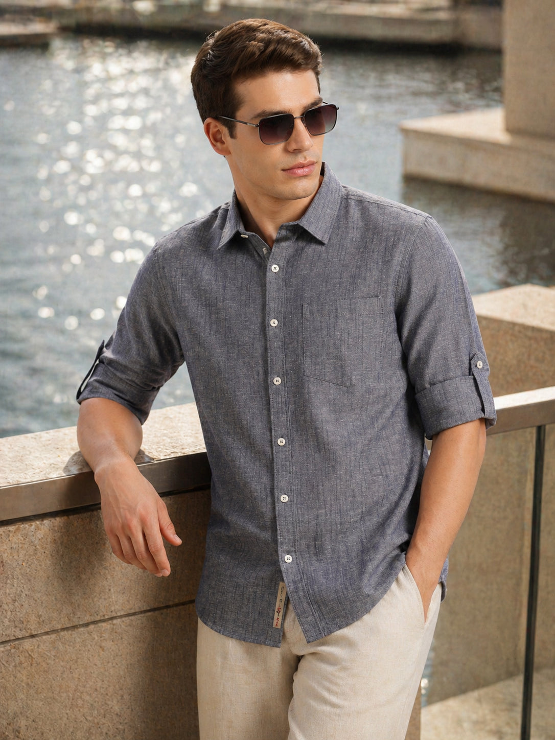 Thomas Scott Men Navy1 Premium Slim Fit Long Roll-Up Sleeves Spread Collar Solid Linen Casual Shirt