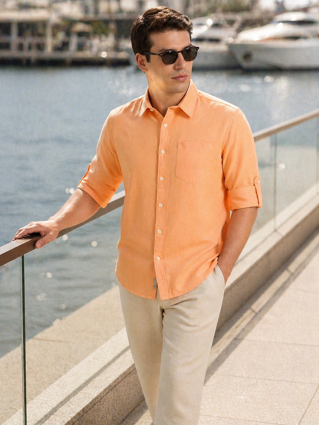 Thomas Scott Men Orange Premium Slim Fit Long Roll-Up Sleeves Spread Collar Solid Linen Casual Shirt