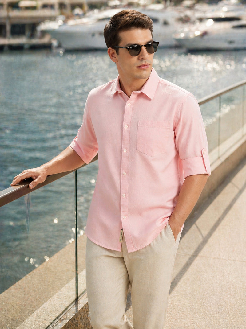 Thomas Scott Men Pink Premium Slim Fit Long Roll-Up Sleeves Spread Collar Solid Linen Casual Shirt