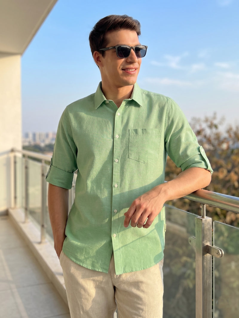 Thomas Scott Men Pista Premium Slim Fit Long Roll-Up Sleeves Spread Collar Solid Linen Casual Shirt