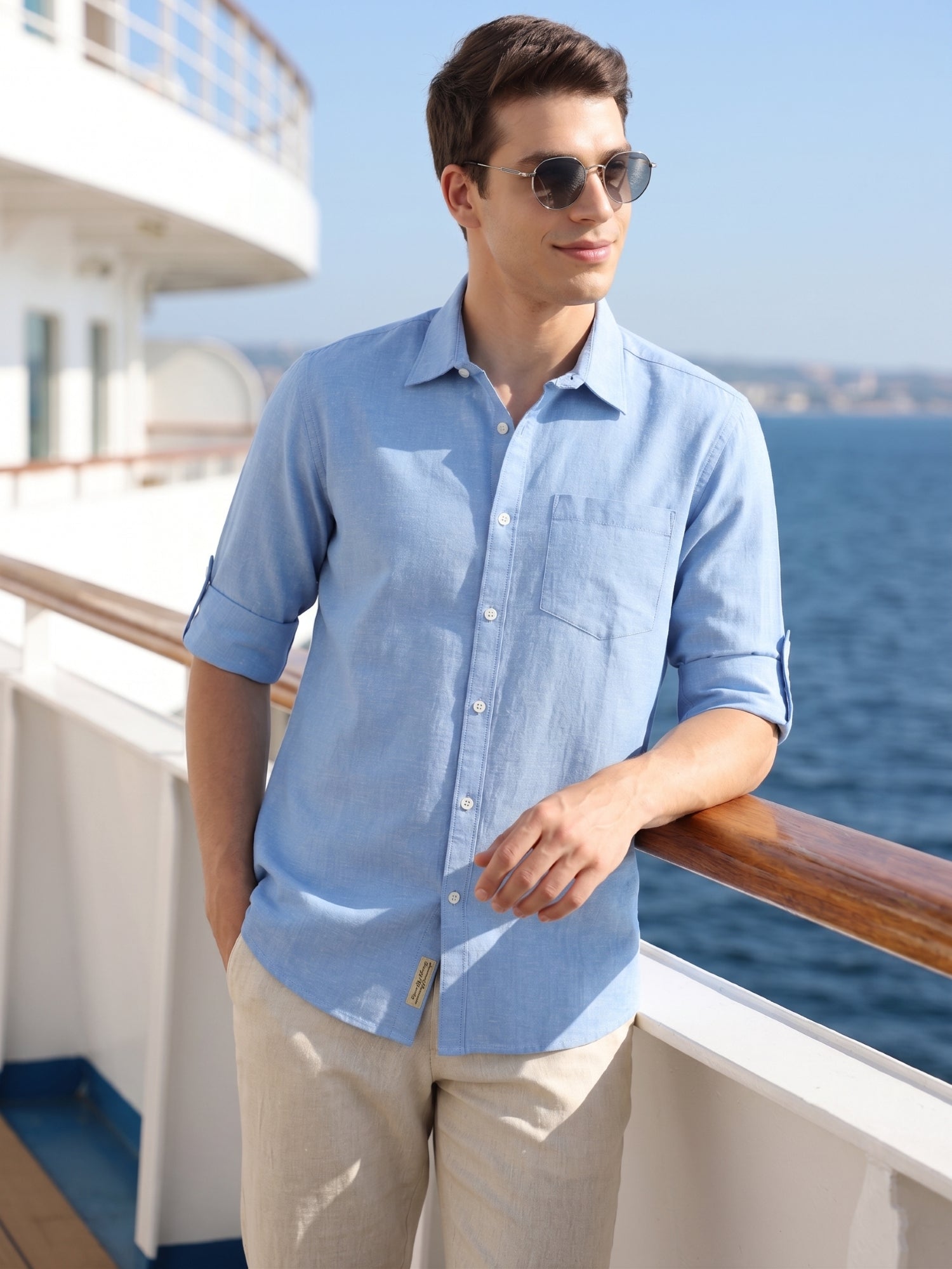 Thomas Scott Men Royal Blue Premium Slim Fit Long Roll-Up Sleeves Spread Collar Solid Linen Casual Shirt