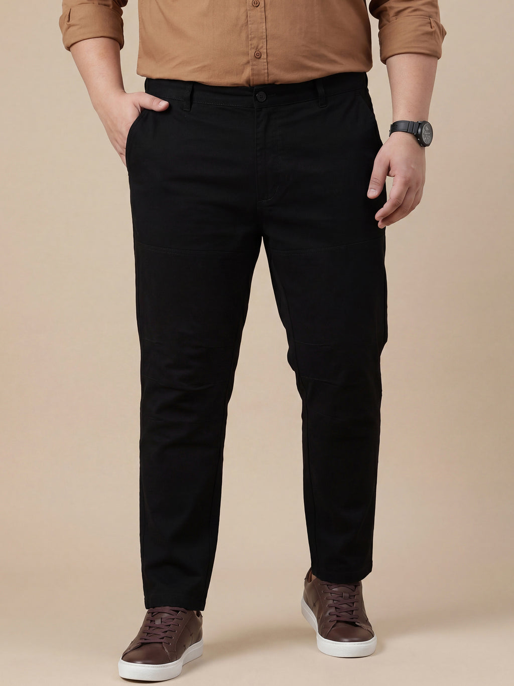 Thomas Scott Men Black Plus Size Regular Fit Mid-Rise Solid Woven Trouser